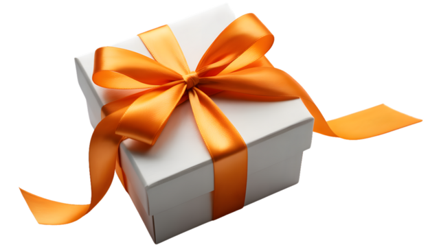 A white gift box with an orange ribbon tied in a bow on a white background in a studio shot view on transparent background