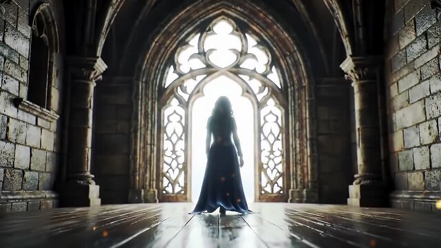Silhouette of Woman in Long Gown Standing in Arch Window Castle Hall With Glowing Lights and Stone Wall Architectural