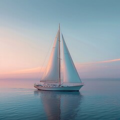 Fototapeta premium A sailboat with crisp white sails floating peacefully on a calm sea under a soft pastel sky at dawn.
