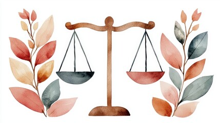 Colorful Illustration of Balance Symbol with Leaves Representing Equality and Fairness in a Contemporary Style