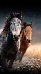 Majestic horses running on a dirt path through the countryside at dawn capturing the spirit of freedom and elegance in nature