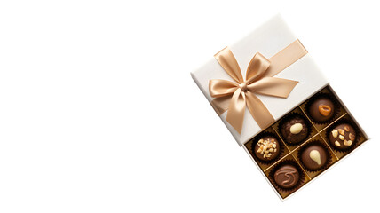 A white box with a gold ribbon and six chocolate candies with different toppings on a white background on transparent background