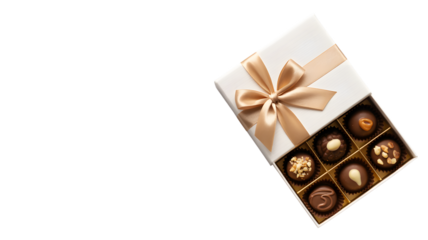 A white box with a gold ribbon and six chocolate candies with different toppings on a white background on transparent background