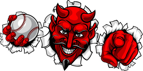 A devil man holding baseball ball and breaking through the background pointing sports team mascot illustration.