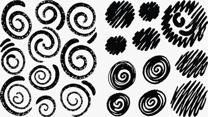 Collection of hand drawn spirals and scribbled circles in black and white artistic illustration