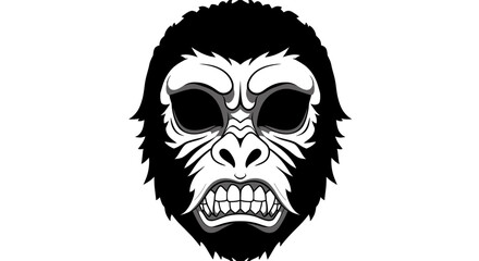 Monochrome vector illustration of a furious gorilla face with bared teeth. Fierce ape mask.