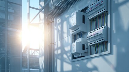 Electrical panel with numerous components mounted on a wall.