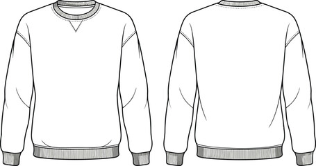 Crewneck sweatshirt technical sketch, front and back view, ribbed cuffs, hem and neckline, fashion flat drawing, garment construction template, apparel outline, vector illustration.