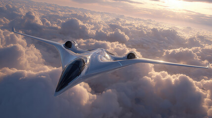 Futuristic aircraft soaring above fluffy clouds during sunset, showcasing sleek design and advanced aerodynamics, representing innovation in aviation technology and travel