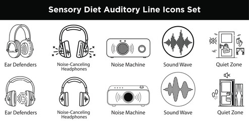 Auditory Sensory Tools Line Icons Set White Noise, Ear Defenders, Sound Therapy, Headphones, Classroom Noise Filter.