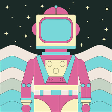 Retro robot with pink and cyan body under starry sky in futuristic digital landscape, symbolizing space exploration and technology evolution.
