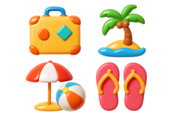 Colorful 3D Rendered Vacation Icons Set Suitcase Palm Tree Umbrella Ball and Flip Flops on Transparent Background