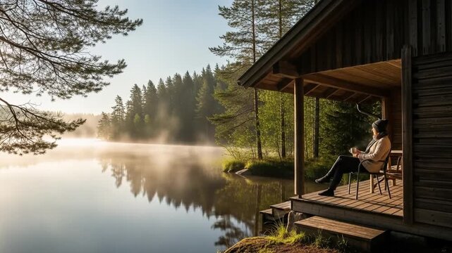 Man Relaxing on a Cabin Porch Overlooking a Misty Lake and Forest at Sunrise