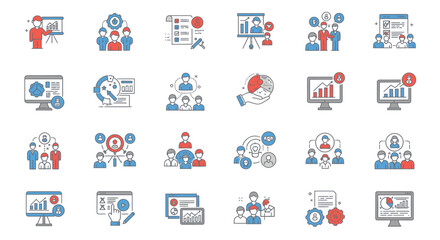 Fototapeta premium Business management and team strategy line icon set for corporate presentations and data analysis
