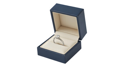 Close up view of a diamond ring inside an open blue box against a white background studio shot image on transparent background