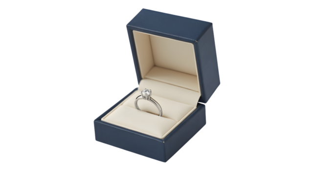 Close up view of a diamond ring inside an open blue box against a white background studio shot image on transparent background