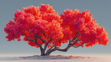 Vibrant autumn tree showcasing brilliant red foliage near calm waters at sunset during fall season