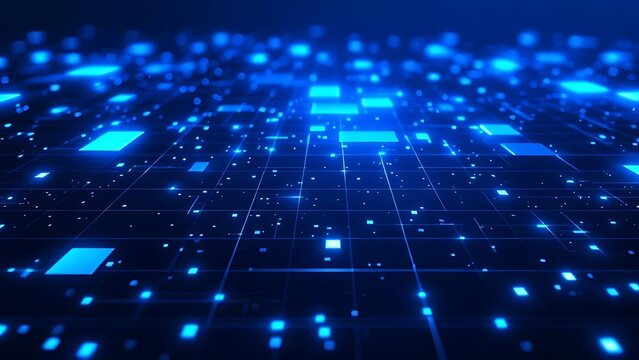 Abstract background with glowing blue pixel blocks on a dark navy backdrop, representing modern digital technology, data visualization, and futuristic user interface design