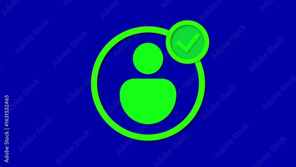 Poster green user profile icon with a checkmark inside a circular border on a blue background
