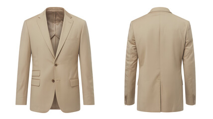 Front and back view of a beige blazer with buttons and pockets on a white background studio shot on transparent background