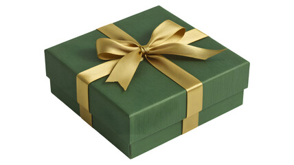 A green gift box tied with a gold ribbon sitting on a white surface in a well lit environment on transparent background