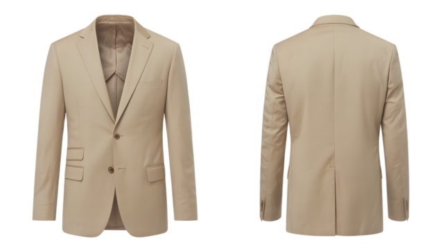 Front and back view of a beige blazer with buttons and pockets on a white background studio shot on transparent background