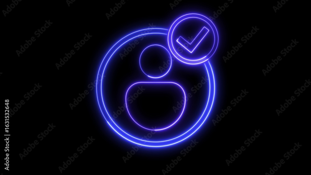 Poster neon blue glowing user profile icon with a checkmark indicating successful verification or confirmat