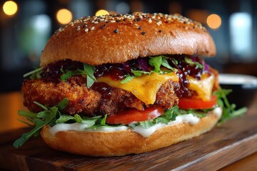 Delicious gourmet chicken burger recipe Crispy fried patty melted cheese fresh toppings on sesame seed bun food