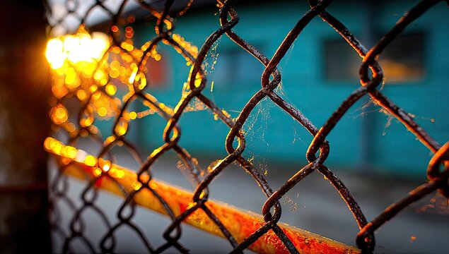 Rusty chain-link fence, sunset glow - Powered by Adobe