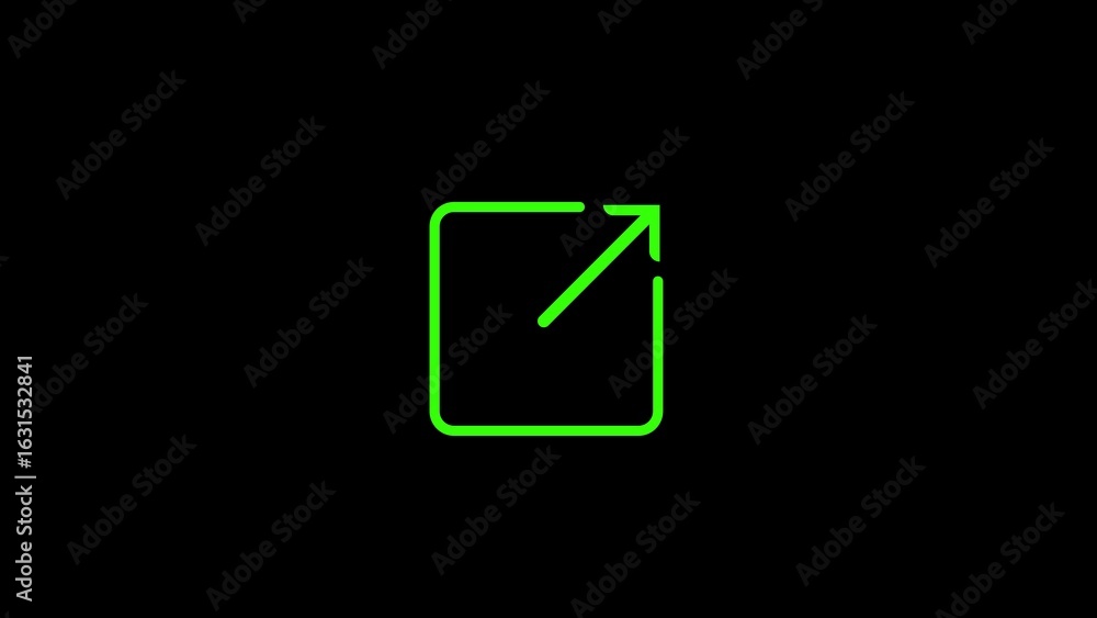 Poster bright green neon outline of an external link icon with an arrow pointing upwards on a black backgro