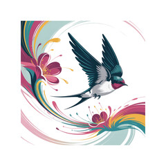Obraz premium Whimsical Swallow in Flight Amidst Abstract Floral Swirl