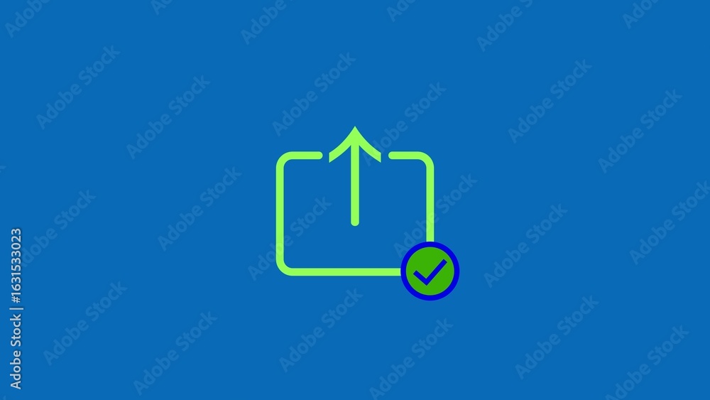 Poster green upload icon with a checkmark inside a square on a blue background