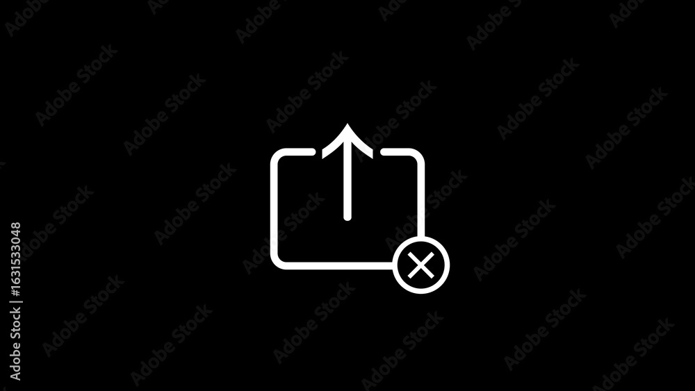 Poster white outline icon of an upload box with an x symbol indicating cancellation on a black background