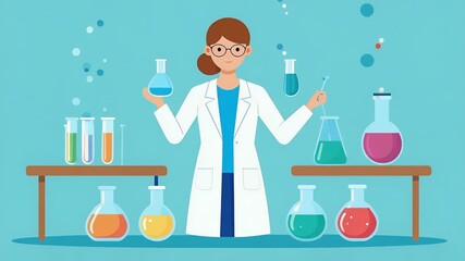 A female scientist in a lab coat conducts experiments with colorful liquids in glassware. - Powered by Adobe