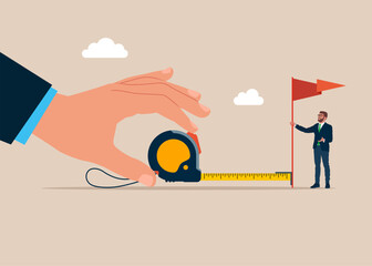 Business team using measuring tape to measure business goal and analyze distance from target flag. Precision and accuracy in measurements and calculations. Vector illustration