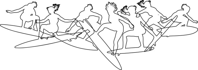 Surfer surfboard boarding female surfers surfing silhouette outlines. Women surf group design concept.