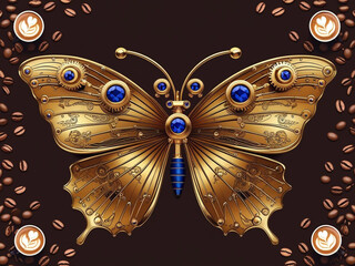 Golden butterfly adorned with blue gems, set against a rich chocolate background with coffee cups and beans, blending luxury and nature in a digital art style.