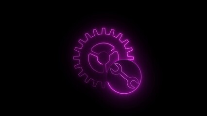 Abstract glowing purple gear and cogwheel symbol with a magnifying glass on a dark background