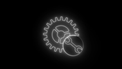 Futuristic glowing neon gear and wrench illuminated against a dark background representing technology and mechanics