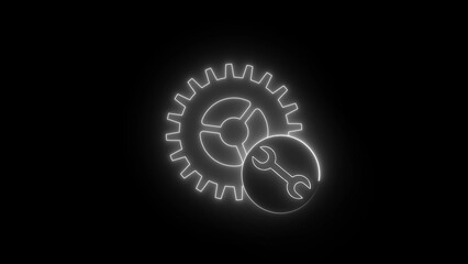 Gleaming metallic gear and wrench icon glowing brightly against a stark black background symbolizing industry and repair