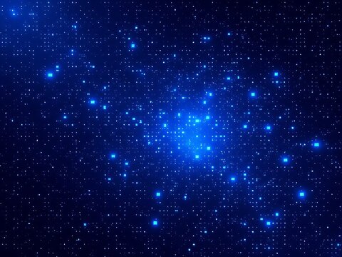 Abstract background with glowing blue pixel blocks on a dark navy backdrop, representing modern digital technology, data visualization, and futuristic user interface design