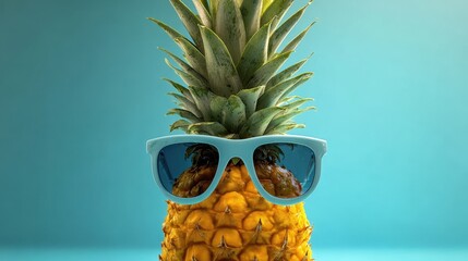 The pineapple wearing stylish sunglasses against a vibrant blue background.