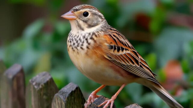 Ortolan perched on a wooden fence. Detailed plumage, natural setting. Focus on the bird and its habitat, showcasing wildlife beauty.