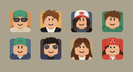 Collection of diverse blocky character avatars for online gaming profiles and virtual communities.