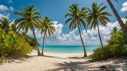 Fototapeta premium The layout features a wide expanse of white sandy beach stretching across the foreground, meeting the clear turquoise waters of the ocean on the left.