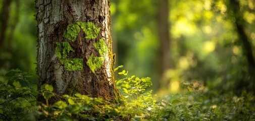 Obraz premium The tree showcasing a green recycling symbol in a serene forest setting.