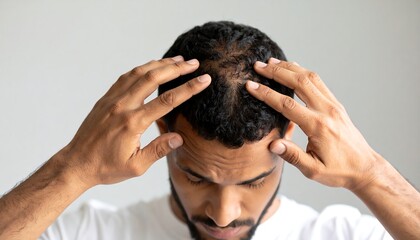Close-up of a man with thinning hair, hands gently touching his head, expressing concern