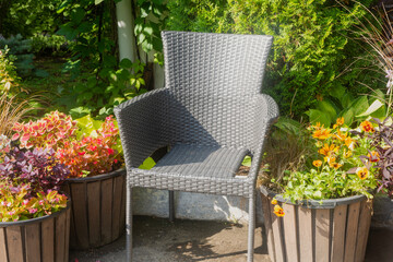 In the garden, a grey wicker plastic chair is surrounded by baskets and tubs of flowers and herbs