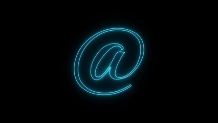 Glowing blue digital at symbol illuminated on a dark background with a futuristic effect