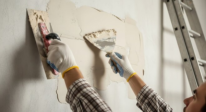 Repairing wall imperfections a focused tradesman s expertise in making a surface smooth with trowel applying filler